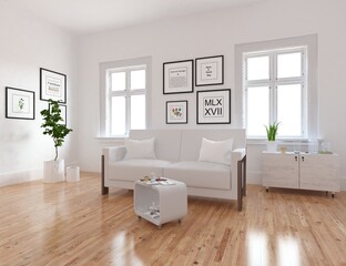 Minimalist living room interior with furniture on a wooden floor, decor on a large wall. White landscape in window. Home nordic interior. 3D illustration