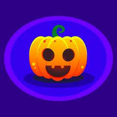 Halloween vector pumpkin on purple background. Pumpkin with open mouth and light from the inside.