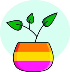 Vector illustration of a plant in a pot. A plant without flowers in a multi-colored pot on a blue background.