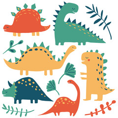 Hand drawn dinosaurs and tropical leaves. Cute funny cartoon dino collection. Hand drawn vector set for kids design. Vector illustration © Elena