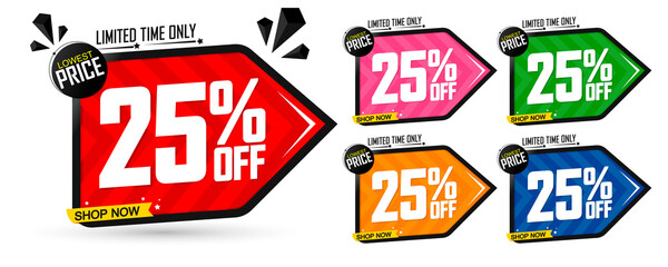 Set Sale 25% off banners discount tags design template, promo app icons, vector illustration