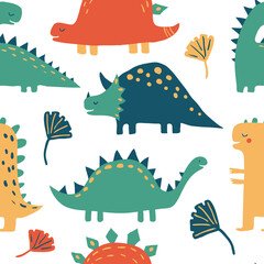 Hand drawn dinosaurs and tropical leaves. Cute funny cartoon dino seamless pattern. Hand drawn vector texture for kids design. Vector illustration