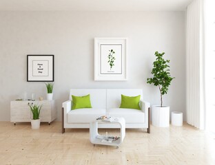 Minimalist living room interior with furniture on a wooden floor, decor on a large wall. White landscape in window. Home nordic interior. 3D illustration