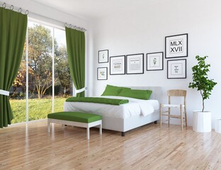 White minimalist bedroom interior with double bed on a wooden floor, decor on a large wall, white landscape in window. Home nordic interior. 3D illustration