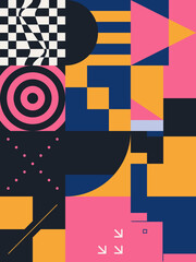 Abstract geometric artwork design with simple shapes and figures. Vertical pattern graphics with geometrical elements. Perfect for web banner, business presentation, branding package, fabric print.