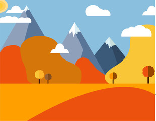 Autumn illustration in a flat style. Mountain landscapes with clouds and trees.
