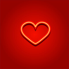Illustration of a neon heart on a red background. Luminous heart with a shadow.