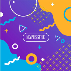 Memphis style illustration in bright colors and with the inscription in the center.