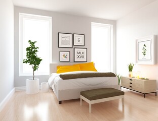 Minimalist room interior with furniture on a wooden floor, decor on a large wall. 3D illustration