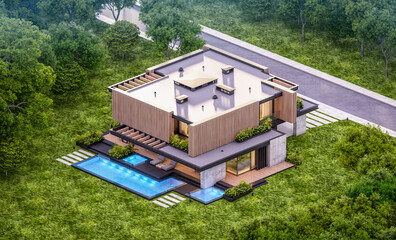 3d rendering of modern cozy house with parking and pool for sale or rent with wood plank facade and beautiful landscaping on background. Clear summer evening with cozy light from window.