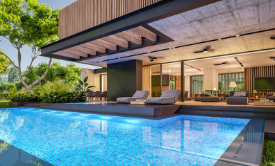 3d rendering of modern cozy house with parking and pool for sale or rent with wood plank facade and beautiful landscaping on background. Clear summer evening with cozy light from window.