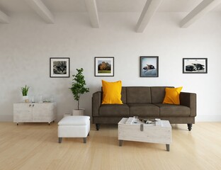 Minimalist living room interior with furniture on a wooden floor, decor on a large wall. White landscape in window. Home nordic interior. 3D illustration