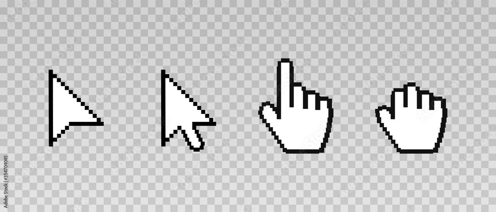 Poster pixel arrow web cursors, digital hand pointers vector black pictograms on transparent background. ve