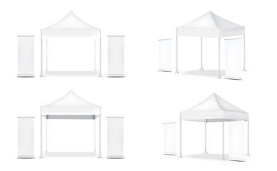 3D Mock up Realistic Tent Display POP Booth and Roll up. Banner  for Sale Marketing Promotion Exhibition Background Illustration