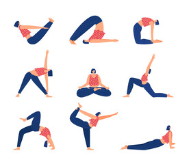 Female yoga. Flat cartoon female characters. Vector illustration.