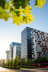 Modern buildings in a downtown area of Oslo on a sunny summer day.