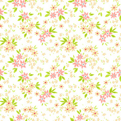 Floral pattern. Pretty flowers on white background. Printing with small pink 
 flowers. Ditsy print. Seamless vector texture. Spring bouquet.