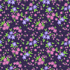 Floral pattern. Pretty flowers on dark violet background. Printing with small blue and pink flowers. Ditsy print. Seamless vector texture. Spring bouquet.