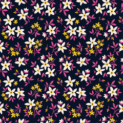 Floral pattern. Pretty flowers on dark blue background. Printing with small white and yellow flowers. Ditsy print. Seamless vector texture. Spring bouquet.