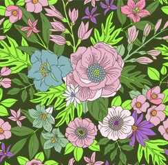 Foto op Plexiglas anti-reflex Seamless vector floral pattern. Liberty style print made of small pink and light blue flowers, leaves and berries. Summer and spring motifs. Gray background. Vintage illustration. © ann_and_pen