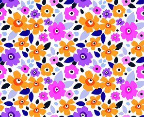 Trendy seamless vector floral pattern. Endless print made of small purple and yellow flowers. Summer and spring motifs. White background.Vector illustration.