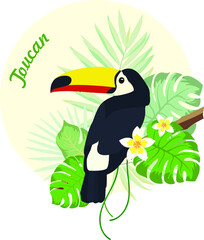 Bright tropical bird toucan in the leaves of monstera and palm trees.