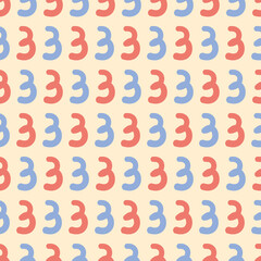 Cute number three vector repeat pattern. Hand written character seamless illustration background.
