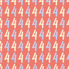 Hand written number four seamless vector pattern. Cute digits seamless illustration background.