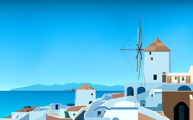 Obraz premium Santorini island. Greece landscape. Od town in spring or summer. Sea, mountains, windmill and houses. Vector illustration