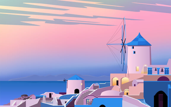 Santorini island. Greece landscape. Dawn in the old town. Sea, mountains, windmill and houses. Vector illustration