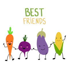 Funny cartoon vegetables holding hands. Vector vegetable isolates with text.Vector flat illustration on white background.The concept of proper nutrition.