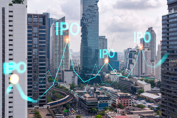 IPO icon hologram over panorama city view of Bangkok, the hub of initial public offering in Asia....