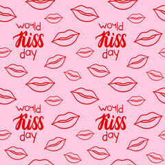 Seamless pattern with world kiss day inscription and red outline style lips. Decoration for World kissing day greeting card, poster, banner, site.