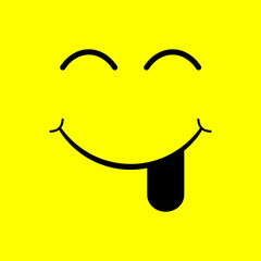 Vector illustration of smile cartoon line emoticon with tongue. Cheeky smiling face isolated on yellow background.