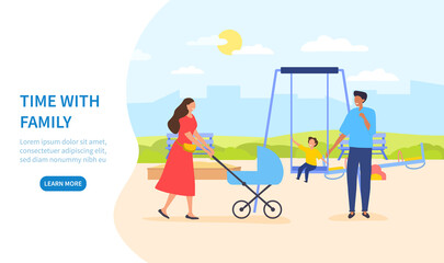 Fototapeta premium Time with family illustration template for website, with two parents spending time with their young children on playground with one kid on a swing and on in a stroller