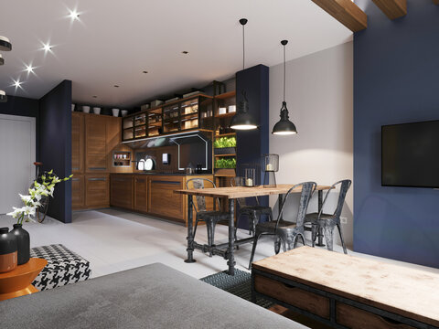 Modern Kitchen With Dark Blue Walls And Wooden Light Furniture And White Floor In Hipster Style.