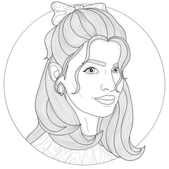 Girl with a bow in her hair. Anti-stress coloring book for children and adults. Illustration isolated on white background. Zentangle style. Black and white drawing.
