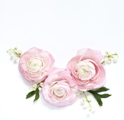 Floral wreath frame on a light background. Pink pink, lily of the valley and jasmine. square format