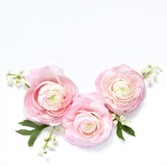 Floral wreath frame on a light background. Pink pink, lily of the valley and jasmine. square format