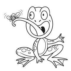 Cute cartoon frog eats fly outlined on a white background