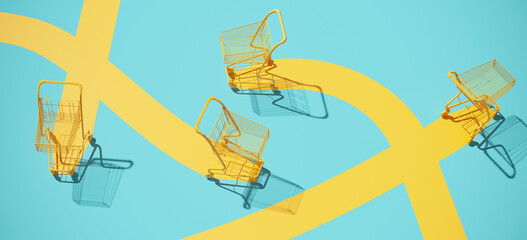 Minimal composition for shopping and supermarket concept. Yellow shopping cart trolley and yellow path on blue background. 3d rendering illustration. © 3DJustincase