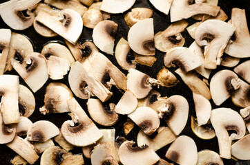 Cook at home. Roasting mushrooms in a pan. Vegetarian protein food