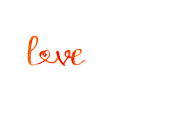 Word Love written with red watercolor paint (with one of the letters shaped as a heart), isolated on white, copy space on the right