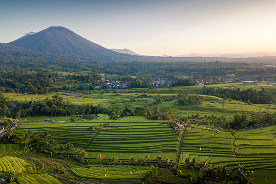 Sunrise. Unesco World Heritage Jatiluwih Rice Terrace. Bali, Tabanan, Indonesia from the sky. Drone photography