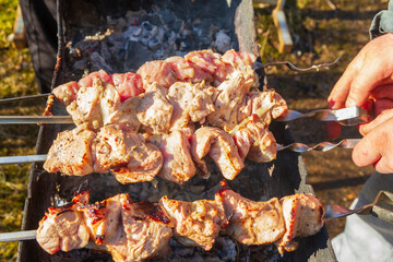 Fresh pork shish kebab is fried on skewers on the grill
