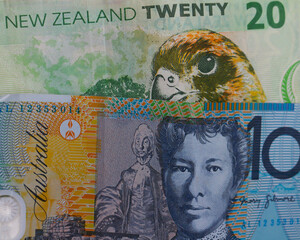 New Zealand Dollars and Australian Dollars currencies: Detail of banknotes of South Pacific nations and friendly rivals New Zealand and Australia. 