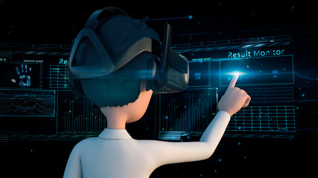3D rendering man wear oculus simulation google and touch hologram monitor digital effect include digital background from behide man camera view