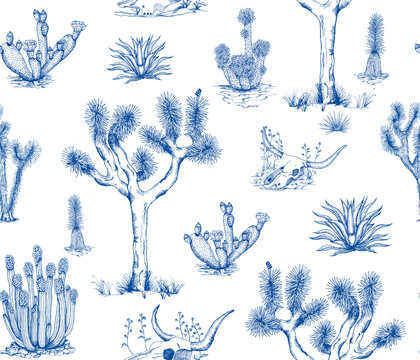 Toile de Jouy style pattern illustration inspired by the flora of the Mojave Desert. Desert illustration with Joshua Trees, agave plants, cacti and other succulents