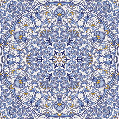 Seamless colorful pattern with Turkish motif. Hand drawn seamless abstract pattern from floral mandala. Majolica pottery tile, blue, yellow azulejo. Original traditional Portuguese and Spain decor