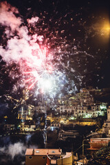 Spectacular fireworks to celebrate New Year's Eve in  Albori village, Amalfi Coast, south of Italy, Europe.